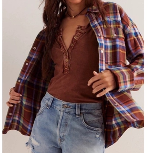 FREE PEOPLE We The Free Hideaway Plaid Shirt Size Medium in Bark Combo - Picture 1 of 7